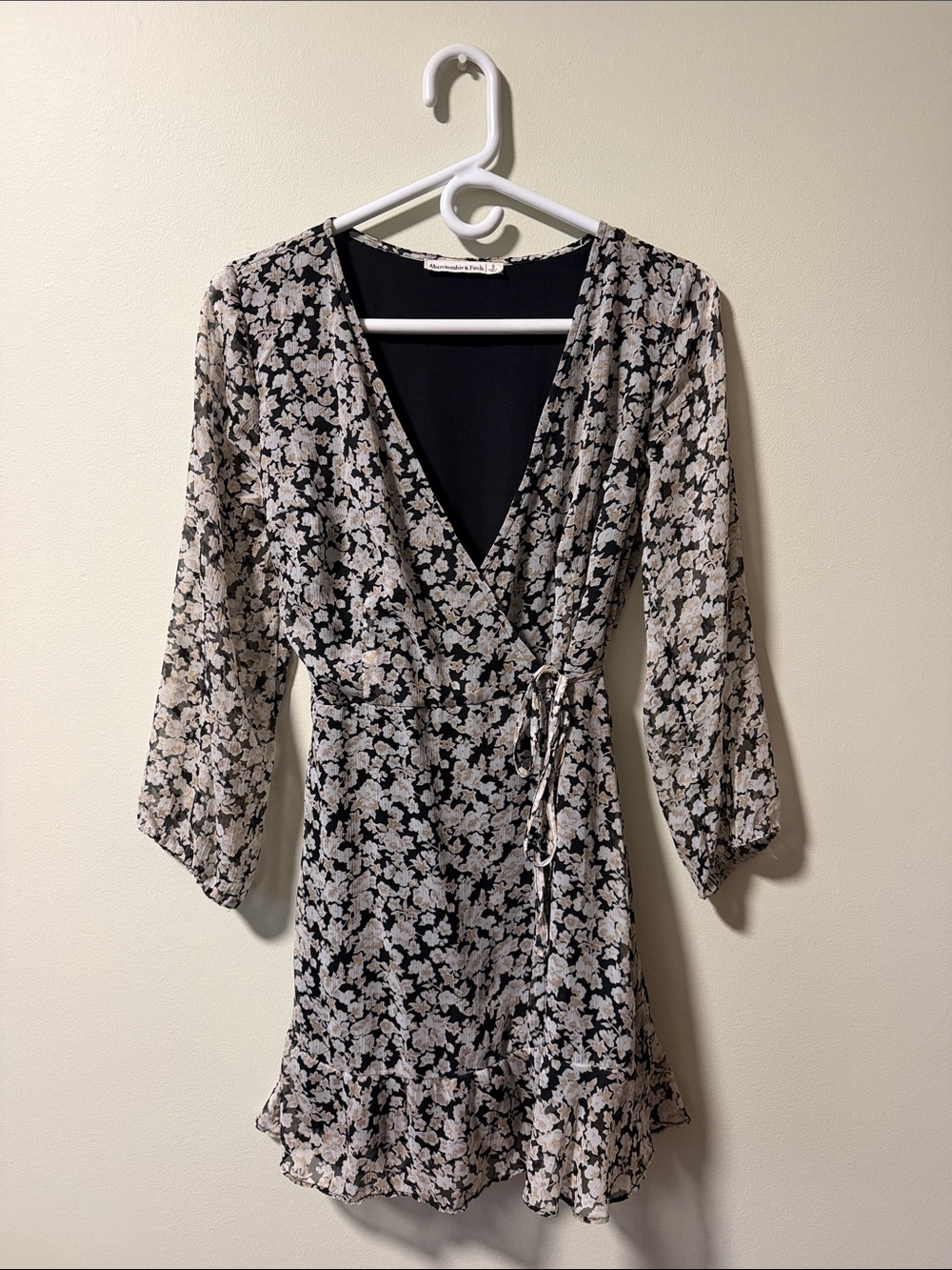 Abercrombie & Fitch Black Floral Wrap Dress with Cream Print
